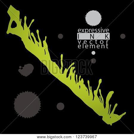 Artistic abstract dirty ink template colorful scanned and traced splashing decorative element. Rough grungy dark background.