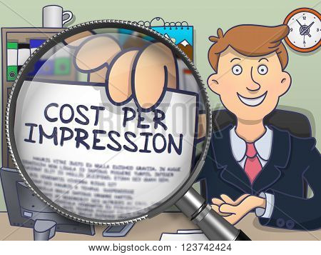 Man Showing Concept on Paper - Cost Per Impression. Closeup View through Magnifier. Multicolor Modern Line Illustration in Doodle Style.