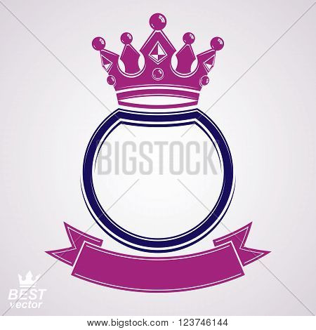 Vector circle with 3d decorative royal crown and festive ribbon luxury coat of arms. Heraldic coronet symbol best for graphic and web design.