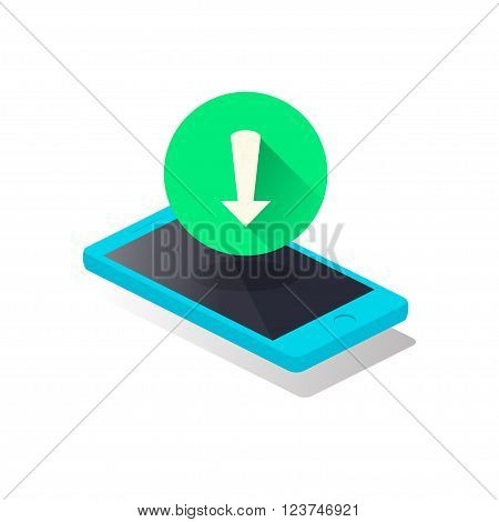 Mobile Phone and Geen Arrow Download Icon. Vector modern design isometric style