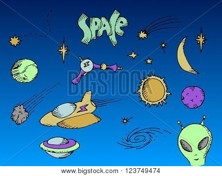 Space set. Colorful hand drawn vector stock illustration