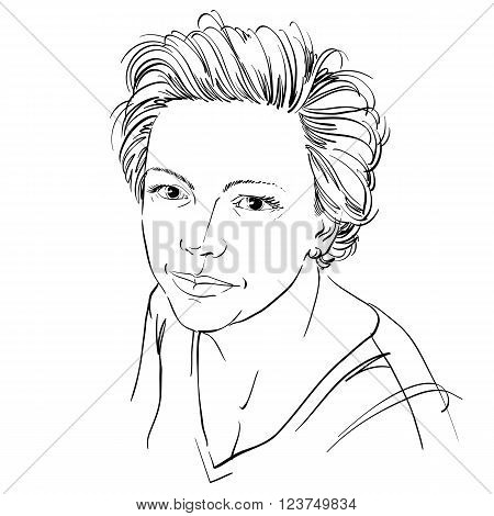 Hand-drawn vector illustration of beautiful confident woman. Monochrome image peaceful expressions on face of young lady.