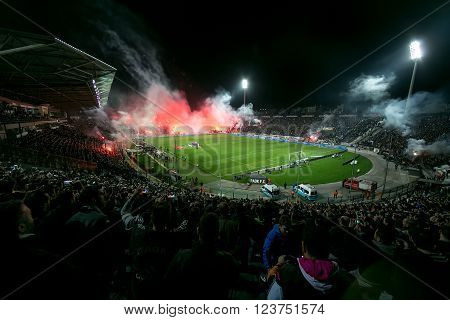 Thessaloniki Greece - March 02 2016: View of the Toumba Stadium full of fans of PAOK during the semifinal Greek Cup game between PAOK and Olympiacos played at Toumba stadium