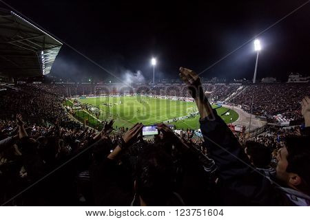Thessaloniki Greece - March 02 2016: View of the Toumba Stadium full of fans of PAOK during the semifinal Greek Cup game between PAOK and Olympiacos played at Toumba stadium