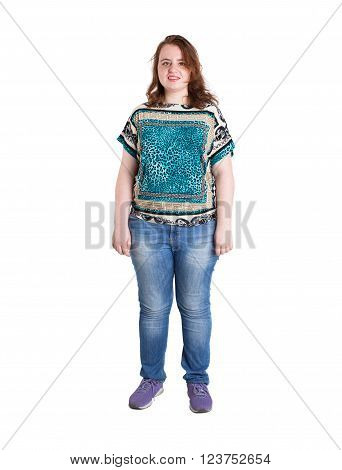 Beautiful redhead plus size wreckled model. Isolated on a white background.