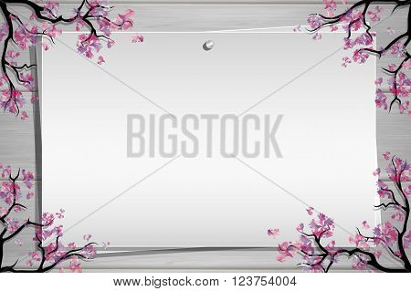 Wooden board with photo and place for inscription. Cherry blossoms twigs. Spring border or frame. Inspiration board. Mockup with blooming trees. Vector EPS 10