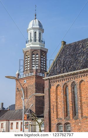 Tower and church on the central market square in Winschoten, Netherlands