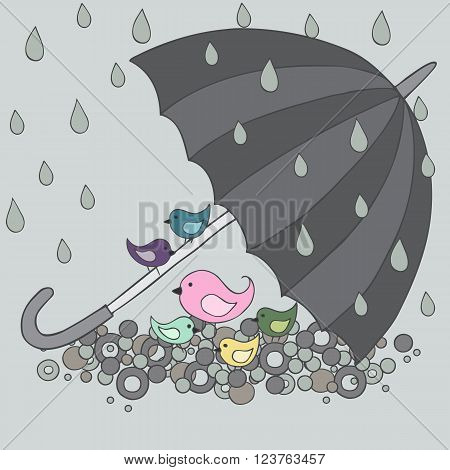 The birds are hiding under the umbrella, vector illustration