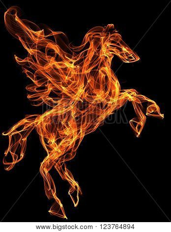 Flaming pegasus. Fire texture illustration. Mythology creature