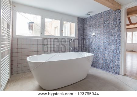 Interior of modern bathroom with free standing bath tub