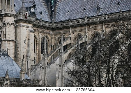Architectural details of Cathedral Notre Dame de Paris. Cathedral Notre Dame de Paris - most famous Gothic Roman Catholic cathedral on the eastern half of the Cite Island. France Europe.