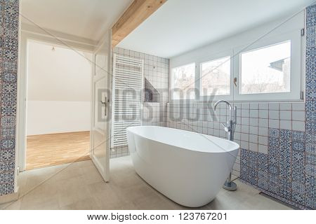 Interior of modern bathroom with free standing bath tub