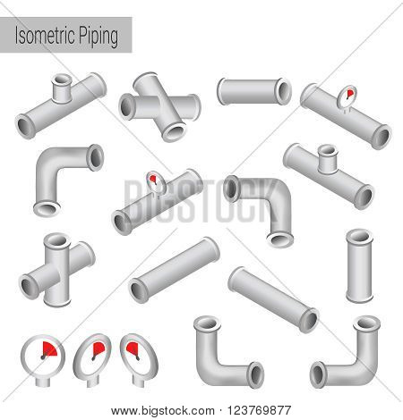 Vector 3d flat isometric illustration collection of detailed Construction Pieces: pipes fittings gate valve faucet ells.