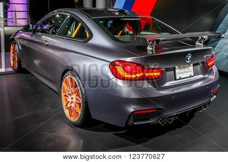 NEW YORK - March 23: A BMW M4 GTS exhibit at the 2016 New York International Auto Show during Press day,  public show is running from March 25th through April 3, 2016 in New York, NY.