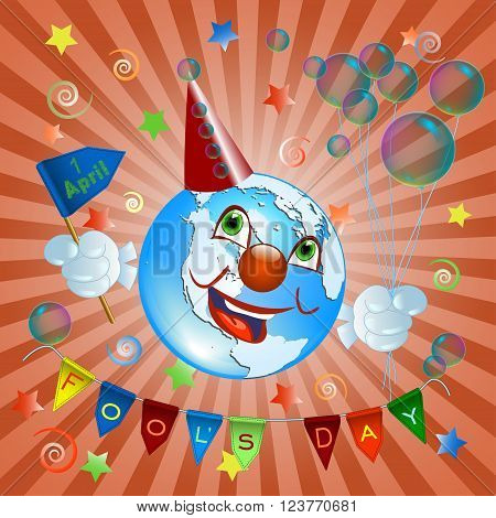 World Fools Day - 1 April. Radial Orange striped background with a greeting and the earth in clown dress inside. Vector illustration