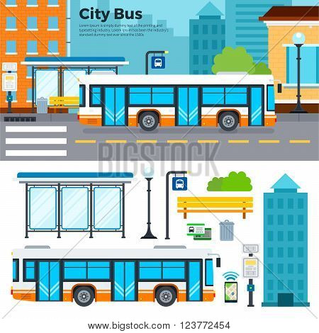 Bus on the street in the town vector flat illustrations. View of modern street with a bus on the road, urban  tools, bus, buildings, phone, bench and lanterns isolated on white background