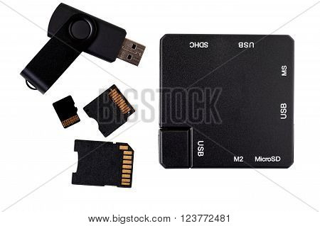 Top view of black plastic square USB hub memory stick and card adapters.
