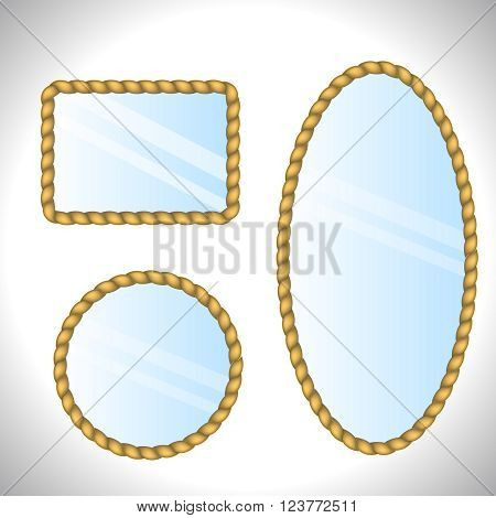 Mirrors. Isolated mirrors set on white background. Collection of retro mirrors. Rope frame