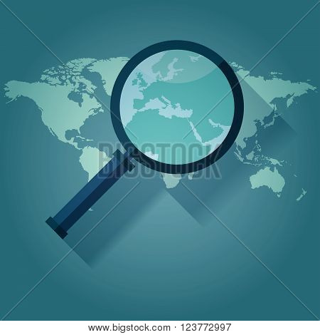 World map countries with Europe magnifying glass