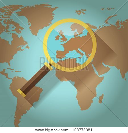 World map countries with Europe magnifying glass