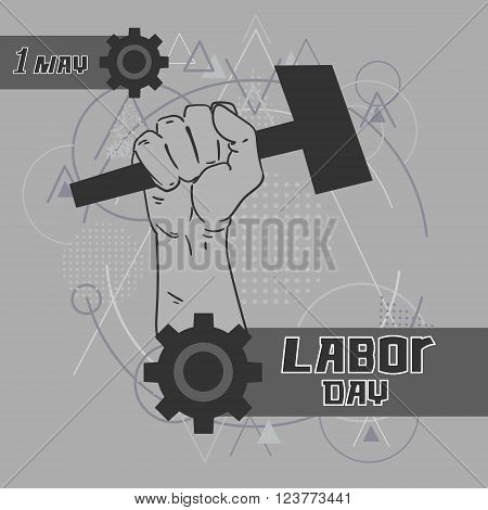 Hand Hold Hammer Labor Day May Holiday Over Gray Triangle Geometric Background Vector Illustration