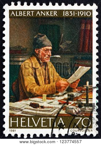 SWITZERLAND - CIRCA 1981: a stamp printed in the Switzerland shows The Parish Clerk Painting by Albert Anker circa 1981