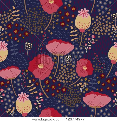 Vector floral pattern in doodle style with flowers and leaves. Poppies on a dark background. Seamless pattern can be used for pattern fills, web page background, surface textures.