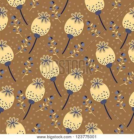 Vector floral pattern in doodle style with flowers and leaves. Poppies on a dark background. Seamless pattern can be used for fills web page background surface textures.