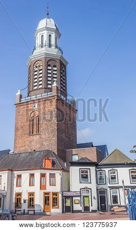 WINSCHOTEN, NETHERLANDS - MARCH 26, 2016: Church tower at the market square in Winschoten, Holland