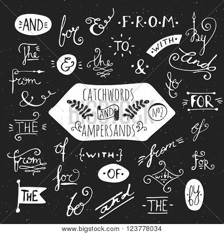 Big set number 2 of handdrawn ampersands and catchwords on black background. Design elements for banner, card, invitation, label, postcard, vignette, label, poster, emblem etc. Vector illustration.