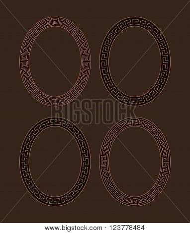 Vector set of four oval meander frames. Greek hand drawn border for banner, card, invitation, postcard, label, poster, emblem and other design elements. Vector isolated illustration.