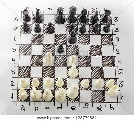 Chess. White board with chess figures on it. Plan of battle.