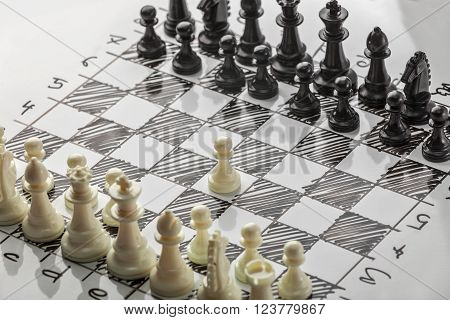 Chess. Whites are starting. White board with chess figures on it. Plan of battle.