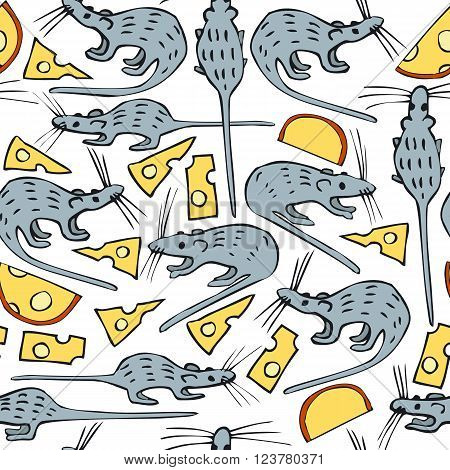 Seamless Vector Pattern with Mice and Cheese on a White Background