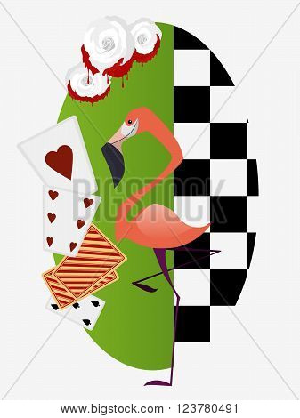 Alice in Wonderland. White roses with red paint flamingo croquet for the Royal. Vector illustration.