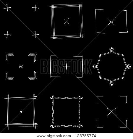 A set of nine square white doodle frames. Vector