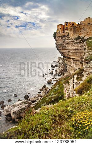 Historic houses of Bonifacio above cliffs and sea