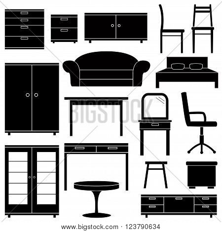 Set of black furniture icons on white background, vector illustration
