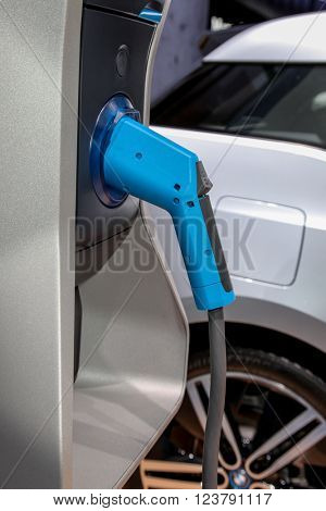 NEW YORK - March 23: A BMW i3 electric charger handle stand exhibit at the 2016 New York International Auto Show during Press day. 