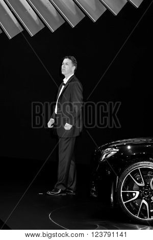 NEW YORK - March 23: A Mercedes E 43 with Dietmar Exler, president and chief executive officer of Mercedes-Benz USA LCC  exhibit at the 2016 New York International Auto Show during Press day. 