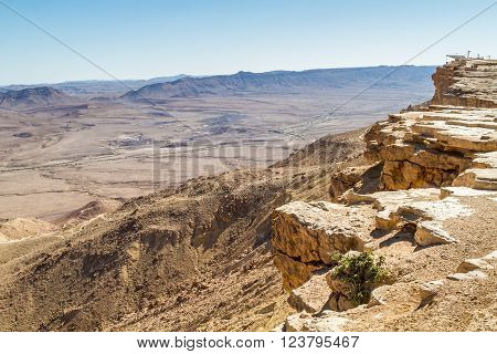 Desert landscape view from a rock at Makhtesh Ramon nature reserve in Negev desert Israel