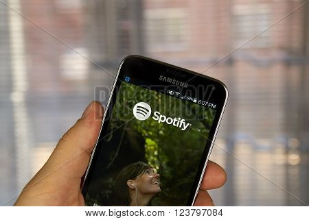 MONTREAL CANADA - MARCH 20 2016 - Spotify mobile application on Samsung S5's screen. Spotify is a digital music service