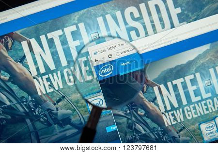 MONTREAL CANADA - MARCH 25 2016 - Intel internet page under magnifying glass. Intel Corporation is an American multinational technology company.