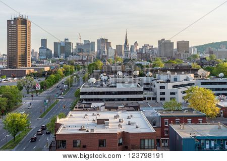 Montreal, CA - 18th May 2015. Montreal Ville-Marie district from Jacques Cartier Bridge, at sunset.