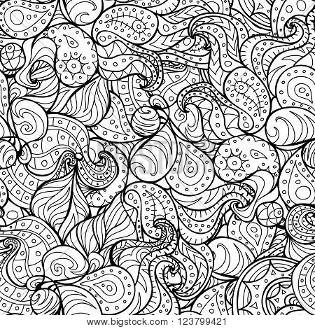 Vector doodle seamless pattern. Coloring book for adult and children.Coloring page. Outline abstract wavy drawing.