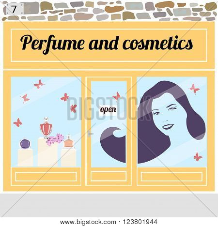 Beauty shop. Perfume bottles in the shop window.Sticker of a young smiling woman with long hairs on the window. Vector illustration eps 10.