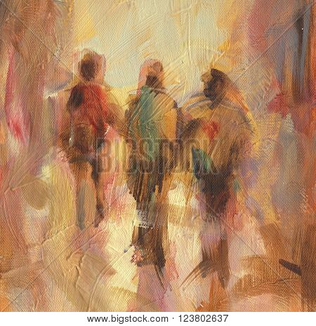 Walking people handmade oil painting on canvas