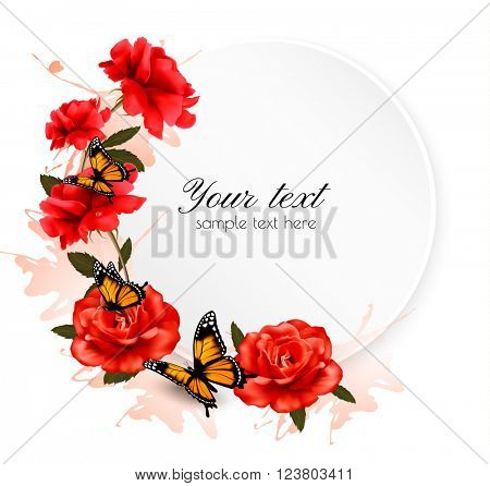 Holiday background with red flowers and butterfly. Vector.