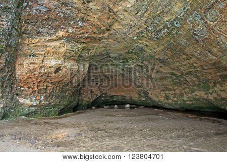 Sigulda, Latvia - March 17, 2012: Old  Inscriptions In The Gautmanis Cave Located On The Gauja River