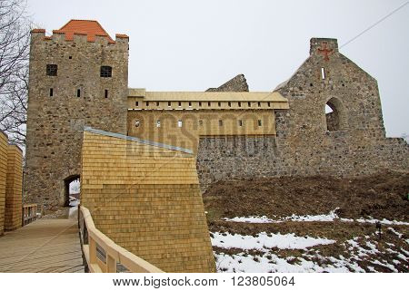Sigulda, Latvia - March 17, 2012: Renewed Ruins Of Sigulda Old Castle. Sigulda Old Castle Was Built